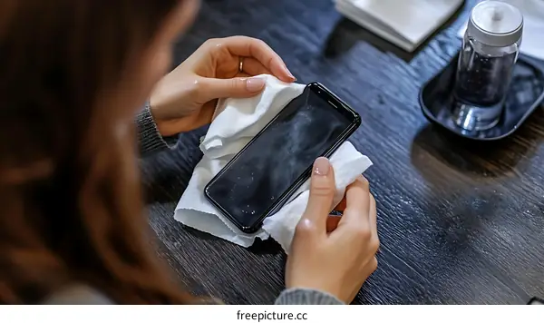 Woman Cleaning Smartphone Screen in Restaurant