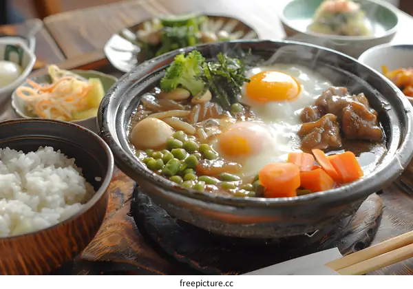 Japanese hot pot with beef and eggs