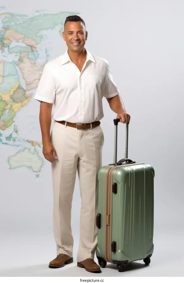 A man standing in front of a world map with a suitcase