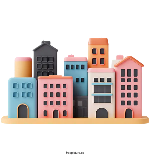 [Transparent Background PNG]Colorful Cartoon Cityscape Buildings Illustration