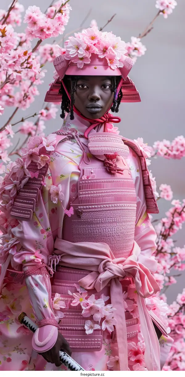 Black female samurai in pink cherry blossom samurai armor