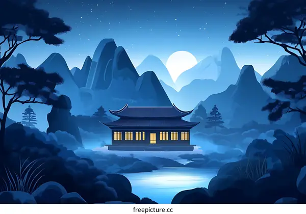 Tranquil Night Landscape with a Traditional Chinese Building