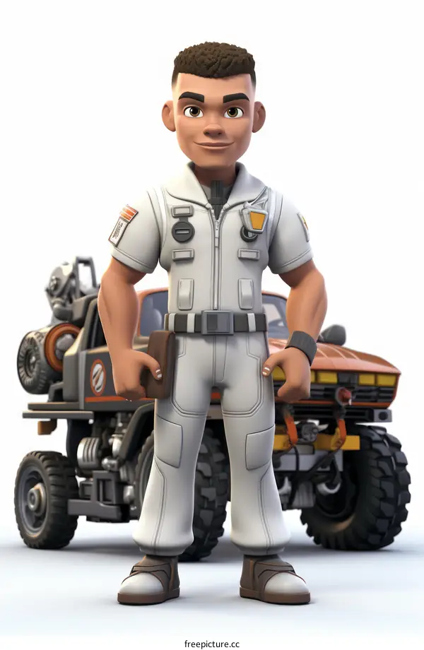 A cartoon image of a smiling man standing in front of a dune buggy.