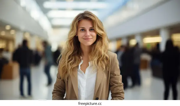 portrait of a young blonde woman in a brown blazer smiling at the camera
