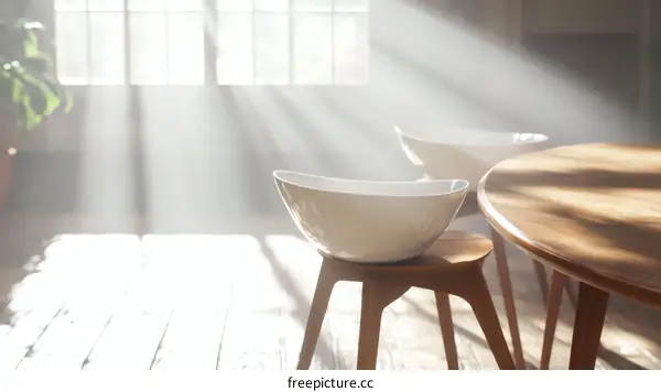 Sunlight Streaming Through Window onto Wooden Dining Table