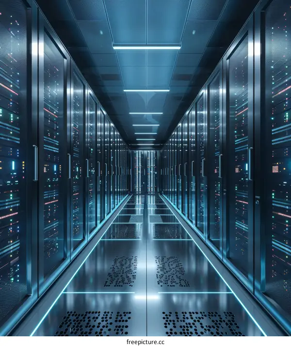 Futuristic technology data center with rows of server racks