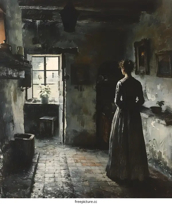 A woman standing in a dark kitchen