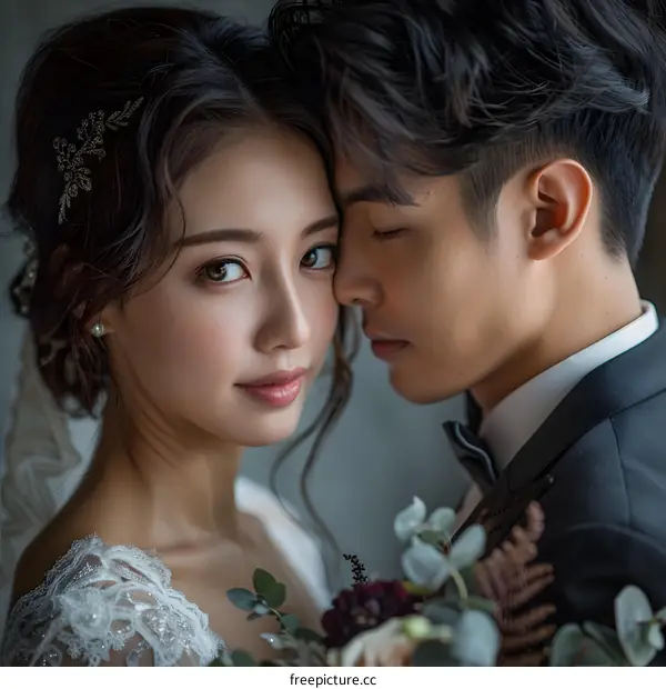 A newlywed couple in wedding dresses taking indoor wedding photos