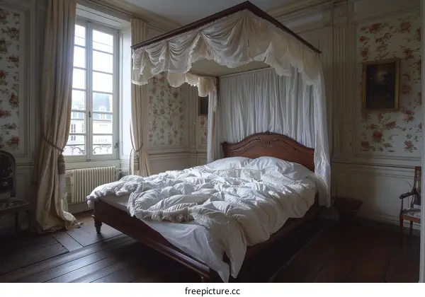 Empty Bedroom Interior With Canopy Bed