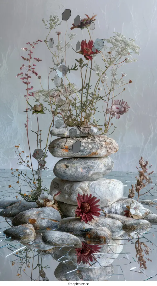 Still life with stones, mirror and flowers