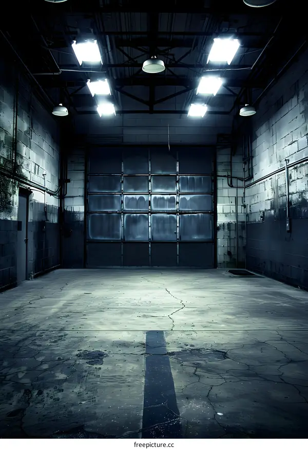 Empty Garage with Metal Doors and Concrete Floor