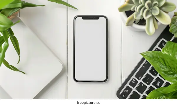 White Desk With Plants And Smartphone Mockup