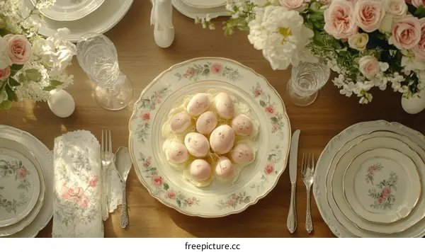 Elegant Easter Table Setting with Pink Eggs