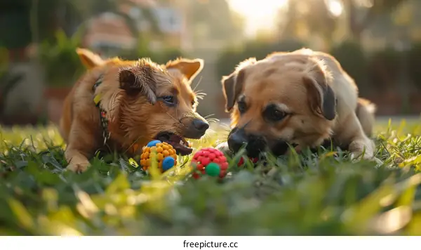 Two dogs playing with balls in the grass