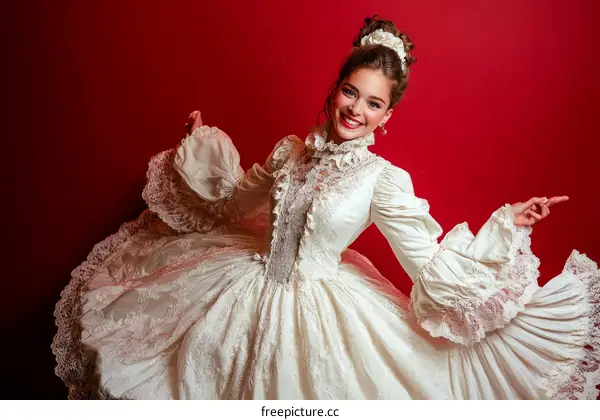 Elegant Woman in Vintage Lace Gown Against Red Background