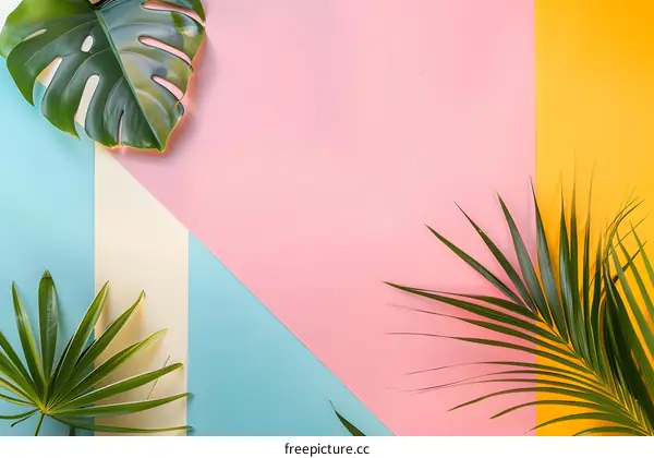 Tropical Leaves on Colorful Background