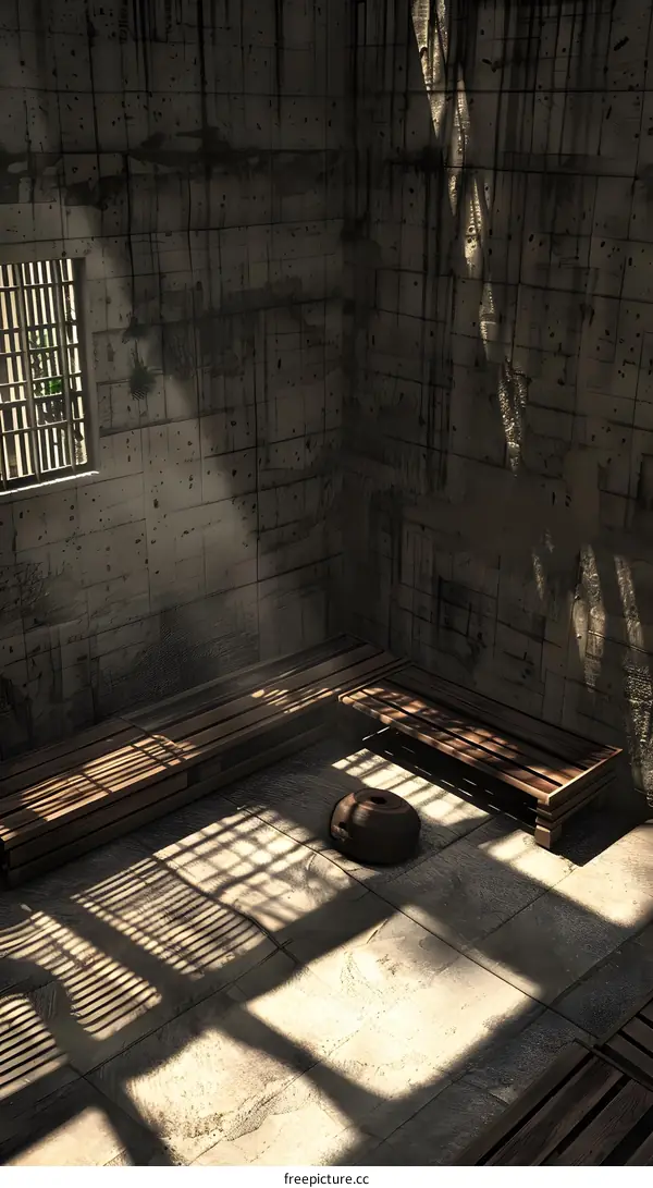 Concrete Room With Wooden Benches And Sunlight Streaming Through Window