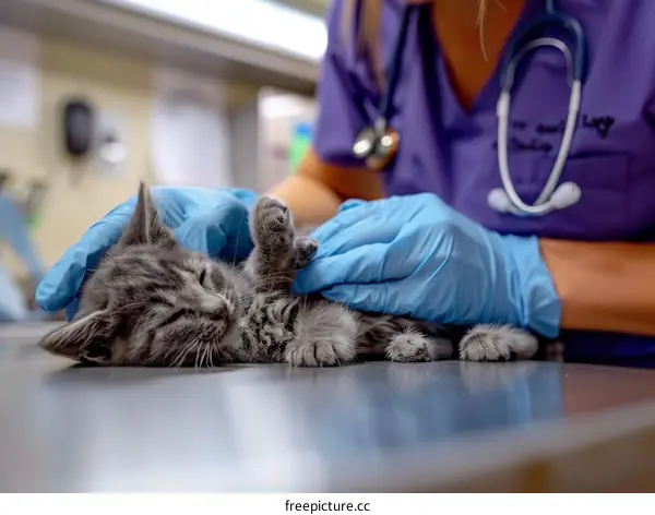 A veterinarian examining a gray kitten