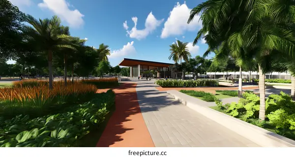 Modern Building with Palm Trees and Lush Greenery