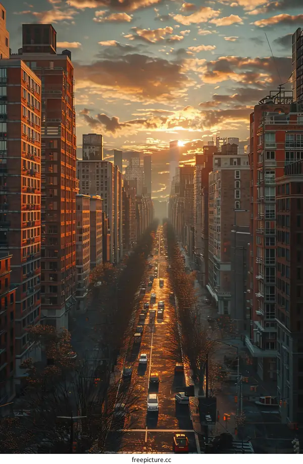 Sunrise over City Street Urban Landscape