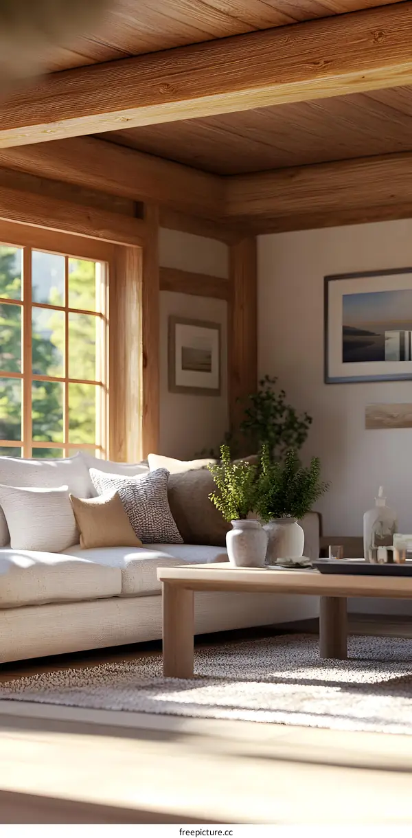 Modern Living Room with Wooden Beams and Large Windows