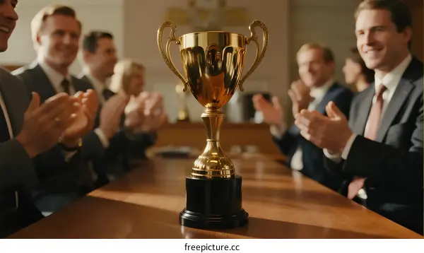 Group of Business Professionals Clapping in Front of Golden Trophy