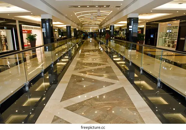 Modern Shopping Mall Interior With Glass Railing And Marble Floor