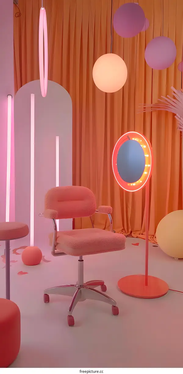 Pink and Orange Interior Design with Modern Furniture and Neon Lights
