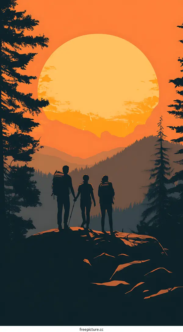 Silhouettes of Three Hikers on a Mountaintop at Sunset