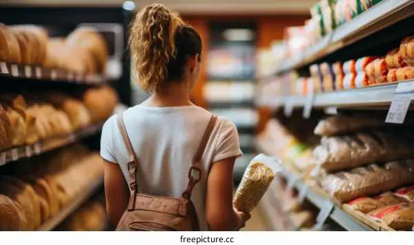 Young woman with brown hair in a ponytail shopping in the supermarket