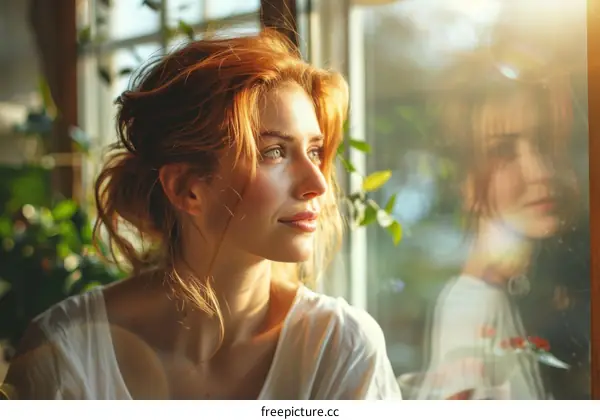 A young woman is sitting by the window, looking out at the view.