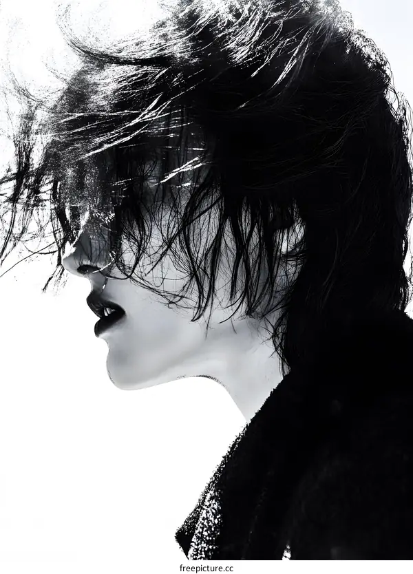 Black and White Portrait of a Woman with Hair Blowing in the Wind