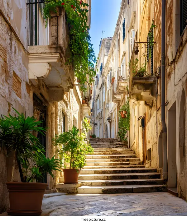 Stone Steps and Old Buildings in Narrow European Street
