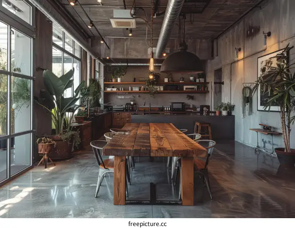 industrial style dining room with a long wooden table and metal chairs