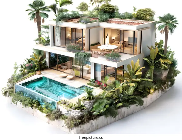 Tropical Modern House with Swimming Pool and Lush Garden