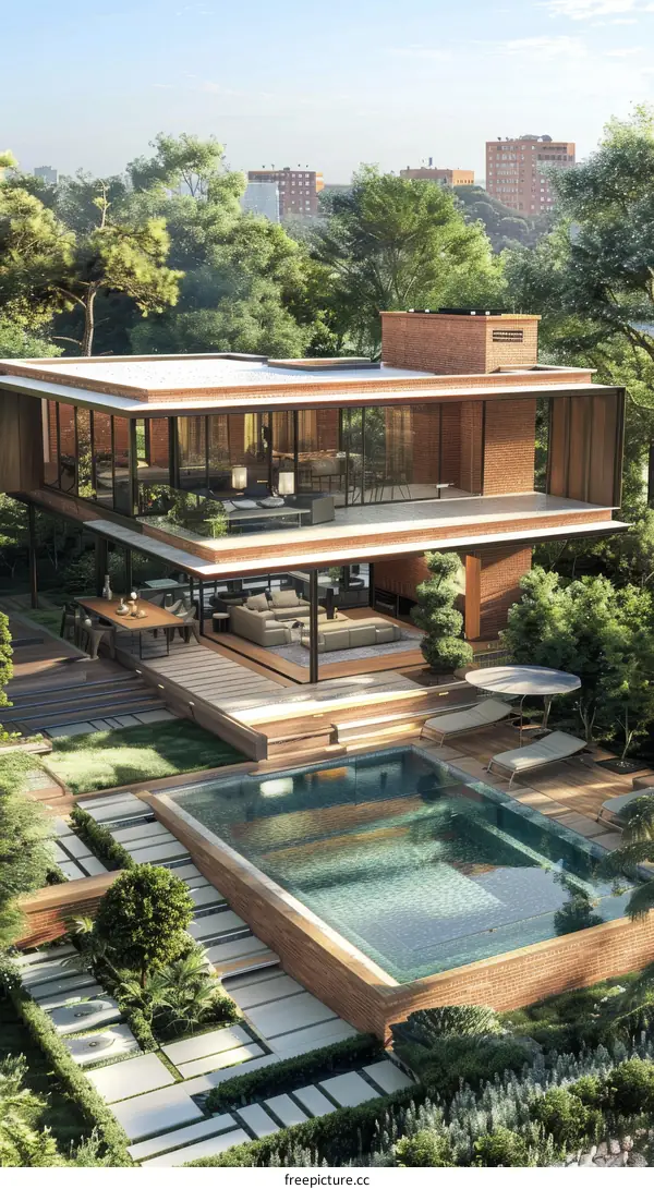 Modern House with Garden and Pool Illustration