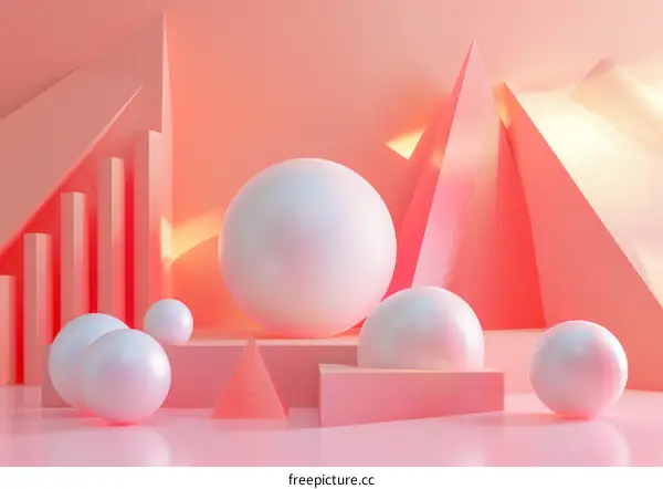 Pink abstract background with geometric shapes and spheres