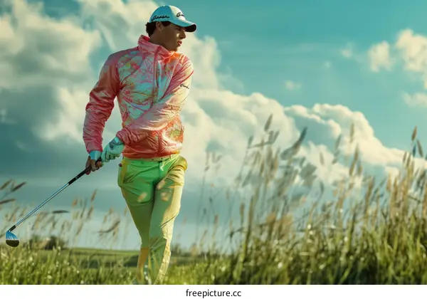 Professional golfer in bright sportswear teeing off on a golf course