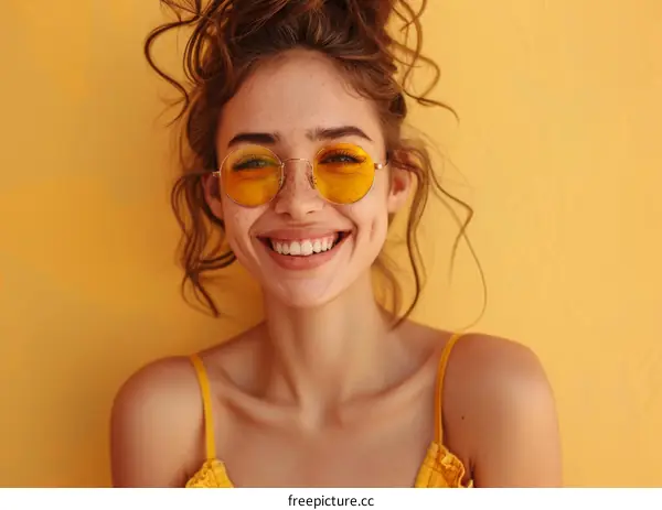 Happy Woman in Yellow Sunglasses against a Yellow Background