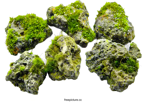[Transparent Background PNG]Green Moss Covered Rocks Isolated on White Background