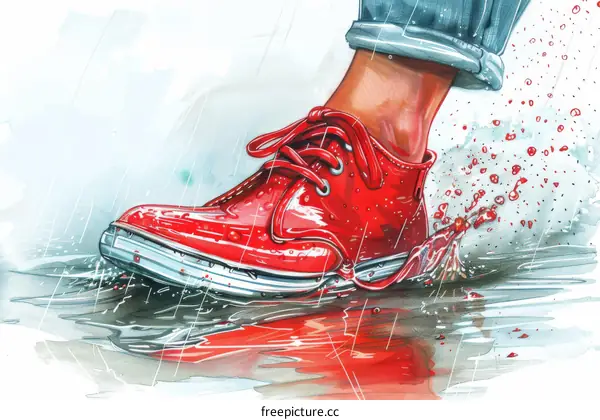 A person wearing red shoes stepping in a puddle