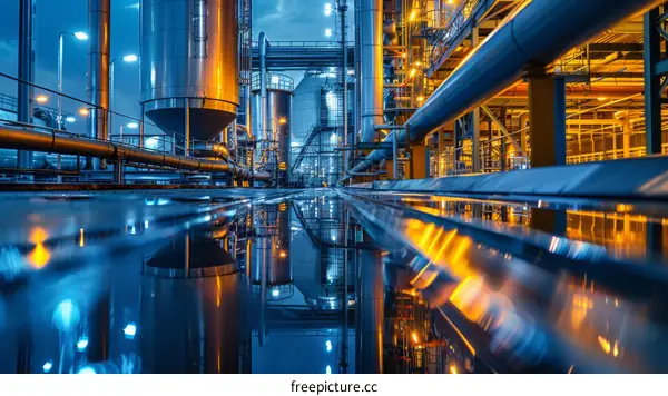 Oil and gas production and storage tanks at an oil refinery