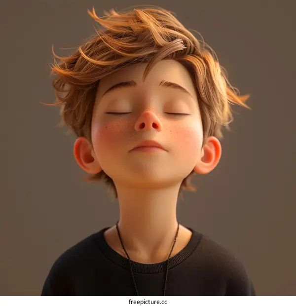 3D illustration of a boy with freckles and his eyes closed