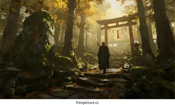 Misty forest path with traditional shrine and lone figure walking