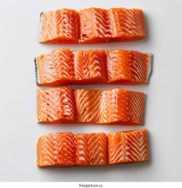 Four pieces of raw salmon fillet