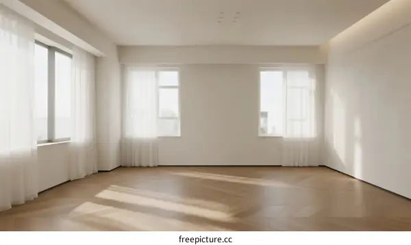 Bright and spacious empty room with large windows and wooden floor