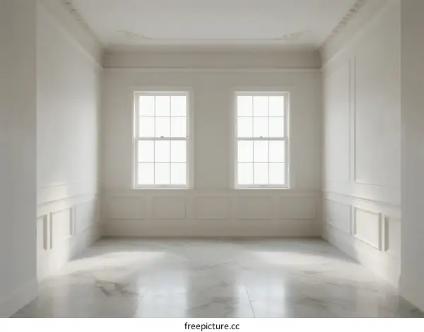 An empty room with white walls and two windows letting in light