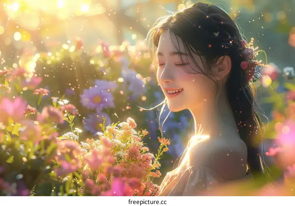 An Asian woman is holding a bouquet of flowers in a field of flowers.