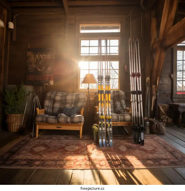 Cozy cabin in the woods with skis and a warm fire