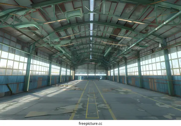 Abandoned Industrial Building Interior with Green Steel Frame and Windows